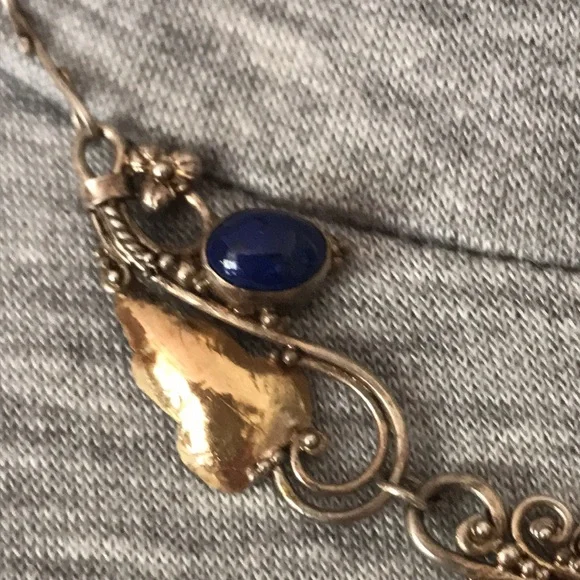 Antique Art Nouveau Sterling Silver and Gold-tone Lapis Necklace - Picture 7 of 10